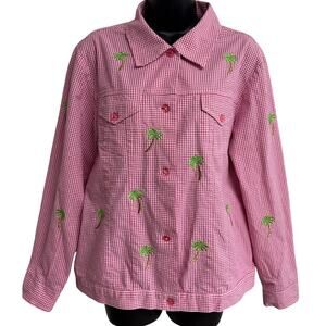 Quacker Factory Jacket Womens Medium Pink Gingham Palm Tree Embroidered Button